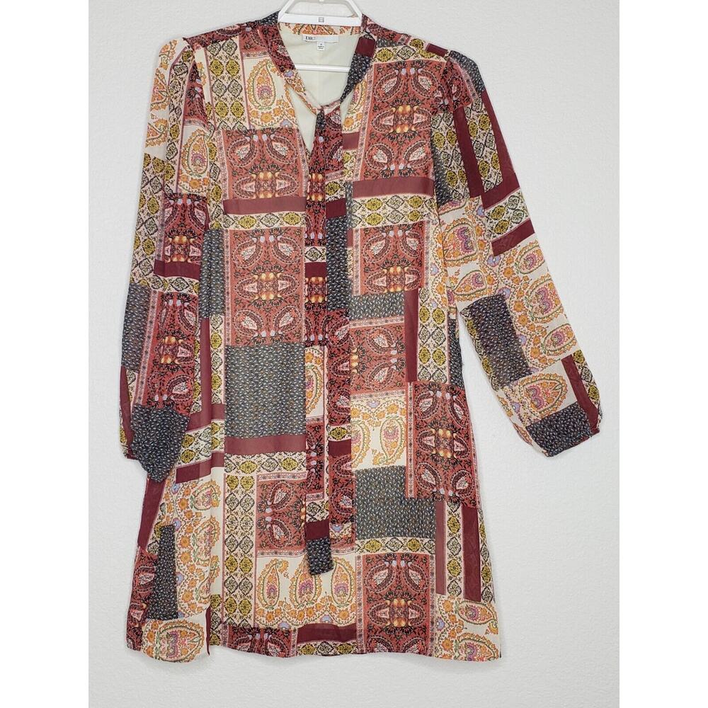 DR2 Shift Dress Sz‎ Medium Multicolor Paisley Print Tie V-Neck Knee Length Lined